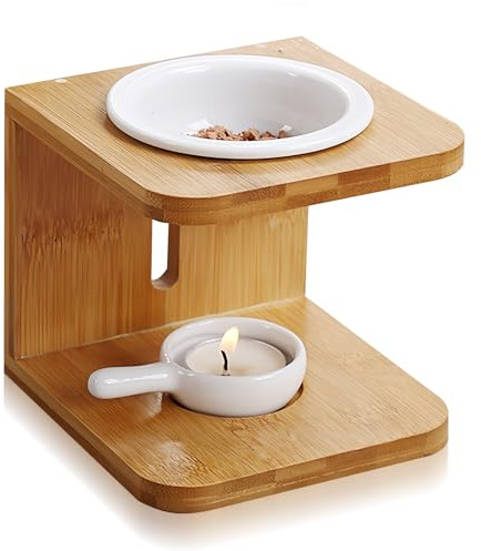 GOEDCH Lampe à Parfum pour huiles essentielles et fondants de Cire : Brûleur de Parfum en céramique et Bambou, diffuseur d'huiles essentielles, Lampe aromatique pour détente (12x12 x11,5 cm)