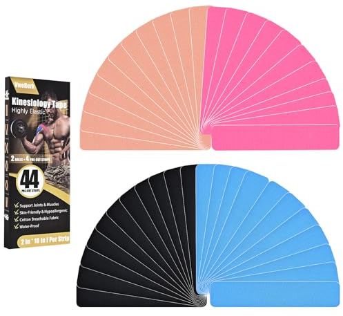 Kinesiology Tape Precut, 44 Count Kinetic Tape, 10 x 2 K Tape Precut Strips, Elastic Sports Tape Kinesiology for Muscle Pain Relief & Joint Support (Mix Colour)