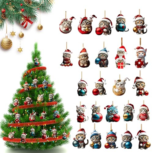 HOVCEH Decorazioni Albero di Natale Gatto, 24 pezzi Decorazioni di Natale Gatto, 2D Acrilico Decorazioni Natalizie, Albero di Natale Gatti per Pendenti Decorativi per Alberi di Natale