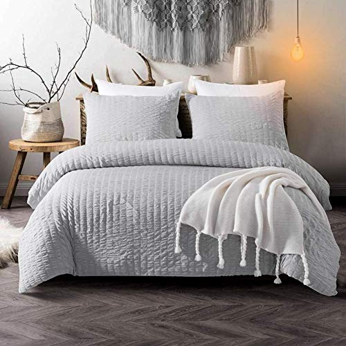 RAYYAN LINEN Seersucker Luxury Duvet Cover Bedding Set with Pillow Cases Ruffled Seersucker Texture (Silver Gray, Double)