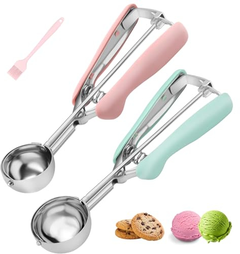 Set di 2 Porzionatori per Gelato e Impasto Biscotti in Acciaio Inox 18/8, Cucchiaio Dosatore con Impugnatura Morbida Ergonomica e Sistema a Molla per Cupcake, Muffin, Polpette - Rosa & Verde Menta