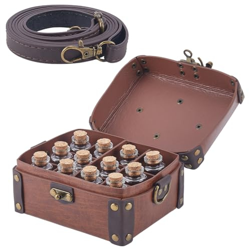 CALFOVERA Coffret D'Alchimie Médiéval en Cuir PU avec 12 fiole de Potion en Liège Sac Bandoulière Portable Porte Dés pour Bijoux et Jeux de Rôle (D&D) Sac Banane pour Homme et Femme Costume