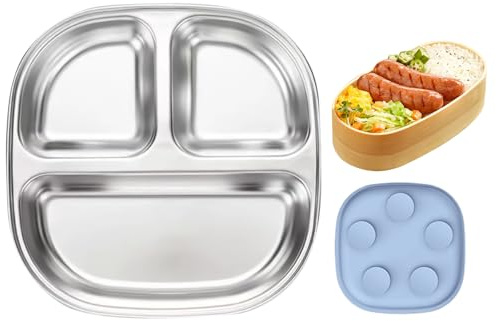 Assiettes Divisees Pour Tout-Petits,Assiettes Apprentissage à Sections avec Ventouse - Vaisselle Acier Inoxydable Ustensiles Repas Antidérapantes pour - pour Garçons Filles Maison École Camping
