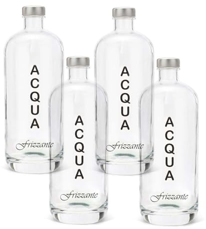 BrandPrint Set di 4 Bottiglie in Vetro Modello ARTEMIDE, 750 ml, Serigrafia 4 Frizzante, Tappo a Vite colore Argento | Bottiglia Vetro Acqua