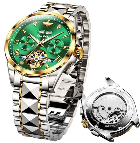 OLEVS Automatic Men's Watch Tourbillon Diamond Calendar Self Winding Luxury Mechanical Wrist Watch for Men Two Tone Tungsten Strap Business Dress Male Watch Luminous Waterproof (White Blue Gold Green)