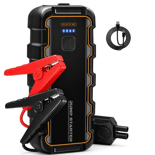 Arrancador de Batería de Coche 7000A, para Gas 8.0L/Diésel 6.0L, 12V Arrancador de Coche Portátil con Carga Rápida USB y Pinzas para Batería, Funciona en Frío Extremo, para Auto, Moto, Bote, Camping