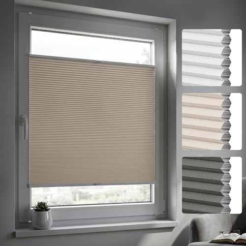 Jalousiescout Easyfix Allday Estor Plisado Nido de Abeja Sin Taladrar, 110x120cm (BxH) Beige, Estor Opaco Térmico, Protección Solar, Privacidad y Aislamiento Acústico para Ventanas y Puertas