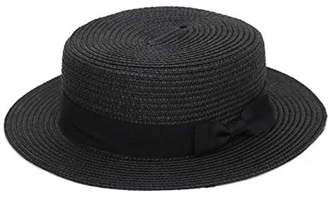 Elonglin - Sombrero de paja plano para mujer, para la playa, transpirable, secado rápido, para vacaciones Negro Small