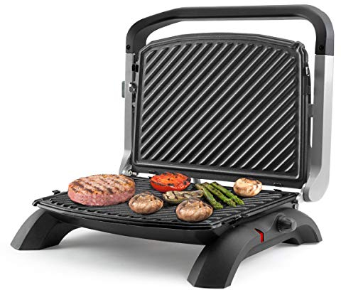 Taurus Grill&Co Plus - Grill + Plancha de asar eléctrica con regulador de temperatura, apertura de 180º. Placas antiadherentes desmontable libres de PFOA. Placa superior autoajustable. Negro
