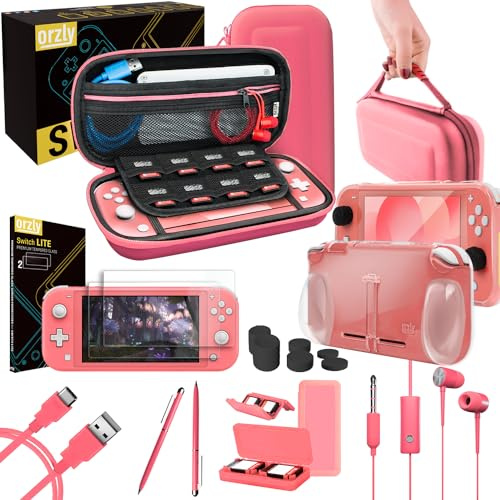 Switch Lite Accessoire Pack Orzly pour Nintendo Switch Lite (2019) Pack comprenant: Protecteurs d'écran en Verre Trempé, Câble Type C, Housse [Étui rigide], Coque Comfort Grip Case et plus... [Corail]