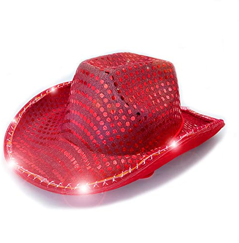 YADIRF Led Hat Cowboy Sequin Party Cap Flashing Light Up Dance Party Cowboy For Halloween Costume Cosplay Holiday (Red)
