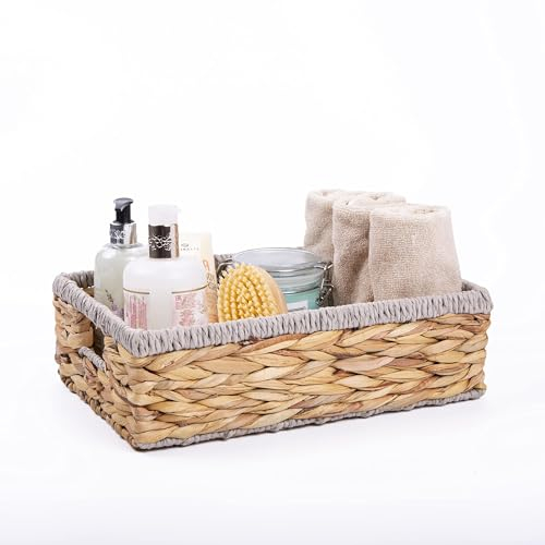 Wickerfield Shallow Woven Water Hyacinth Basket, Wicker Hamper Basket with Handle, Storage Baskets for Bathroom, Toys, Gift (Paper Rope, Medium)