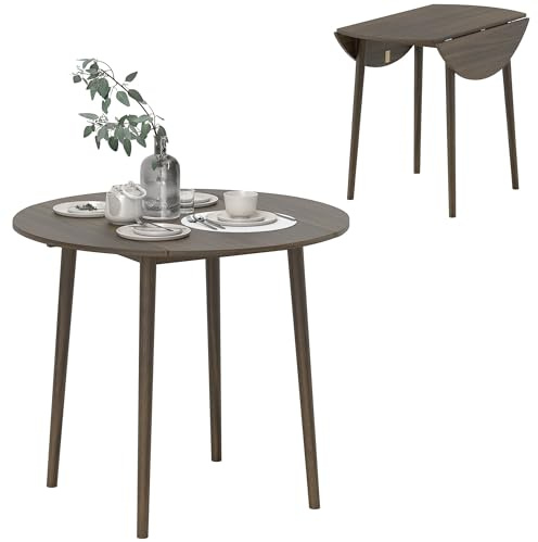 HOMCOM Folding Dining Table for 4 Round Drop Leaf Table, Modern, Grey | Space Saving, Small Kitchen Table, Wood Legs, for Dining Room