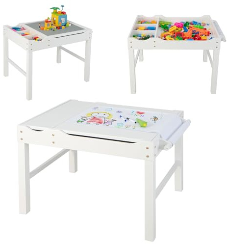 LIFEZEAL 2 en 1 Bureau à Dessin & Table de Blocs de Construction avec Espace de Rangement, Plateau Réversible, Rouleau de Papier, Table Multi-Activités en Bois pour Enfant 3 Ans+ (Blanc)