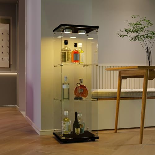BLSYHDH Glasvitrine Standvitrine, Schrank für Sammlung mit LED, mit 1 Tür 3 Einlegeböden transparent Möbel Vitrine Glas Vitrine Figur Glasvitrine Wohnzimmer Bar (3 Etagen, 1 Tür + LED, schwarz)