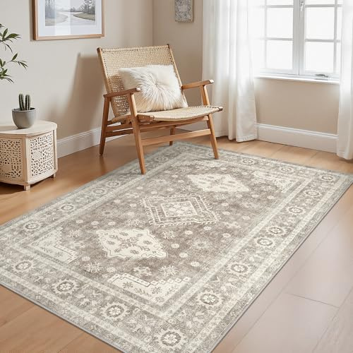 GENIMO Boho Vintage Teppich, Waschbar & rutschfest, Kurzflor Teppich für Wohnzimmer, Schlafzimmer oder Esszimmer, Stilvoller Carpet, Mandel Beige Braun, 120x170 cm