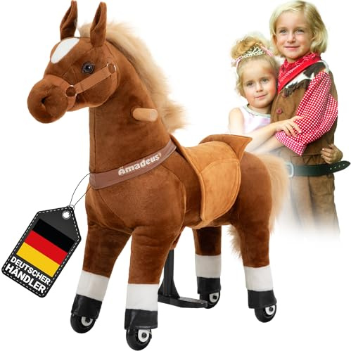 Miweba Poney Amadeus | Cheval à Bascule - Jouet à Bascule - Cheval pour Enfants - Poney en Peluche à roulettes - Jouet à chevaucher - Peluche - Jouet Debout - 4-8 Ans