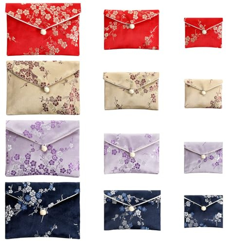 Qianyu Jewelry Chinese Silk Style Purse Pouch Small Travel Jewelry Organizer Bag Box Multiple Colors Brocade Embroidered Bag for Wedding Birthday Party Earrings Necklace Bracelet Storage (12, Style 3)
