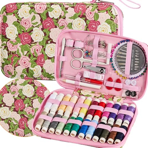 Juegos y kits de costura, kit de costura de impresión de 130 piezas, juego de costura con patrón de rosa, suministros de costura básicos profesionales, kit de costura de viaje para adultos