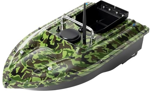 RjcdOPL Bateau d'appâts, Bateau Amorceur Télécommandé 500M, Double Moteur, Croisière Automatique, Batterie 5200mAh, Lumières LED, Idéal pour Pêche en Lac/Rivière (Camouflage)