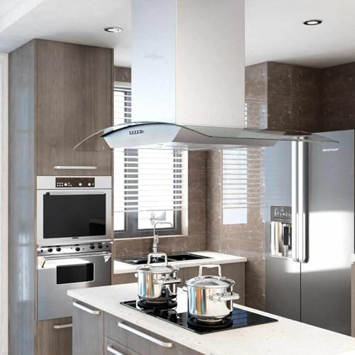 Cappa aspirante a isola, in acciaio inox, 90 cm, con 756 m³/h, illuminazione a LED, 3 livelli di velocità per cucina aperta con isola di cottura