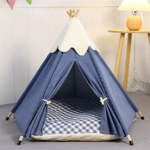 GIBZ Tienda Tipi para Mascotas con Cojín Extraíble Bonita Casa para Perros Lavable Suave Cama de Peluche Gatos para Interior, Azul Marino, M