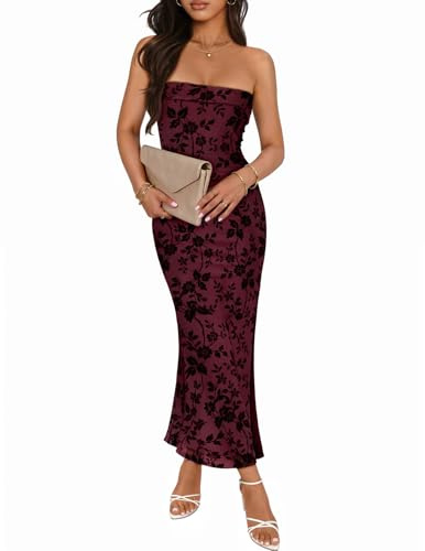 MEROKEETY Women's 2026 Summer Floral Strapless Dress Bodycon Tube Slit Mesh Wedding Guest Cocktail Party Maxi Dresses, Wine, Medium