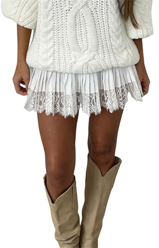 Svuitmsl Women Lace Trim Half Slip Skirt Ruffle Hem Pleated Layered Y2k Flowy Skort A-line Short Skirts Sheer Underskirt
