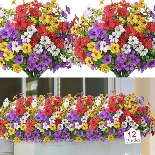 LOMOHOO 12 Bundles Artificial Flowers Outdoor UV Resistant | Fake Flowers No Fade Faux Plants Garden Porch Window Box Decorating (3 yellow, 3 white, 3 purple, 3 red)