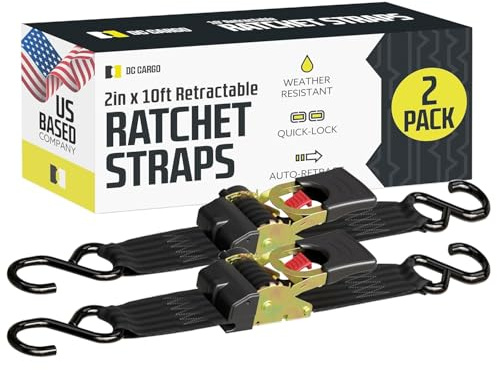 DC Cargo Mall Auto Retractable Ratchet Straps (2-Pack) 2” x 10ft, Super Heavy Duty, 3,033lb Break Strength – Tie Down Straps for Cargo, Truck, Trailer, Boats