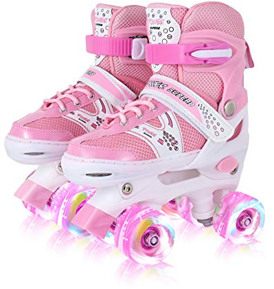 Roller Skates for Girls and Kids, 4 Sizes Adjustable Roller Skates, with All Wheels Light up, Fun Illuminating for Girls and Kids, Rollerskates for Kids Beginners, Medium(2-5), Pink