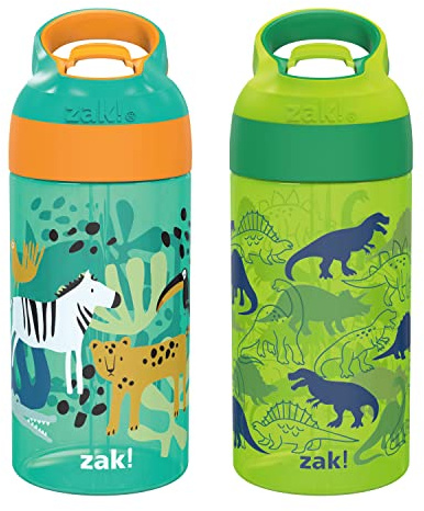 Zak Designs 16oz Riverside Kids Water Bottle with Spout Cover and Built-in Carrying Loop, Made of Durable Plastic, Leak-Proof Water Bottle Design for Travel (Dino Camo & Safari, Pack of 2)