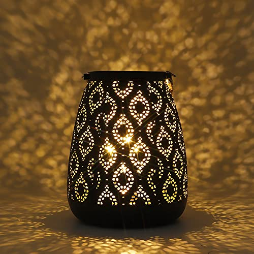 TRIROCKS Metall Marokkanischen Batteriebetriebene Lampe 23 cm Hoch Dekorative Hängende Laterne Vintage Tischlampe für Wohnzimmer Garten Hof Veranstaltungen Drinnen Draußen(Schwarz mit Gold Pinsel)