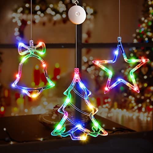 LYUBASA 3 Stück Baum Sterne Glocke Weihnachtsbeleuchtung, 30 Farbige LED Batteriebetriebene mit Saugnäpfe, Fenster Lichterkette Innen für Weihnachten Deko, Fenster, Balkon, Party, Hochzeit