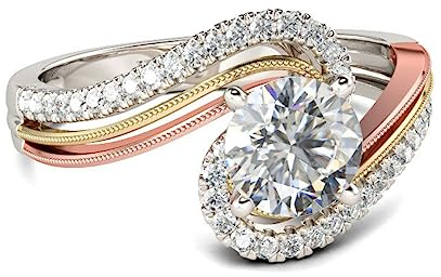 Jeulia 925 Sterling Silber Bandringe für Damen dreifarbig Bypass Rundschliff Verlobungsversprechen Jubiläumsring mit Schmuckschatulle (Roségold, 52(16.5))