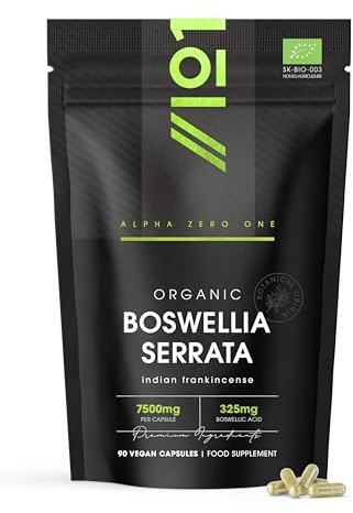 Organic Boswellia Serrata Extract 7500mg - 65% Boswellic Acid (325mg) - 90 Vegan Capsules – High Strength Indian Frankincense – Resealable and Recyclable Pouch by Alpha01