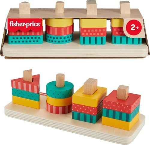 Fisher-Price Sortierspielzeug für Kleinkinder Formen-Stapelspielzeug aus Holz, 13 Holzteile für feinmotorisches Spielen, Kindergartenkinder ab 2 Jahren, HXV05