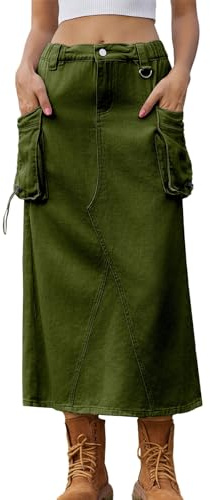 Y2K Cargo Falda Para Mujer Denim Falda Lápiz Elegante Cintura Alta Drawstring Midi Falda Con Bolsillos Vintage Cargo Falda Ocio Jeans Falda Moda Denim Midi Falda Trabajo Oficina Faldas Streetwear