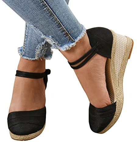 Sandales Femme Été Confortable Sandales Compensées Mode Multiples Tressé Lin Chaussures Respirantes Bout Rond Fermé Sandales Décontractées Respirantes Semelles Épaisses Compensées Chaussons Sandales
