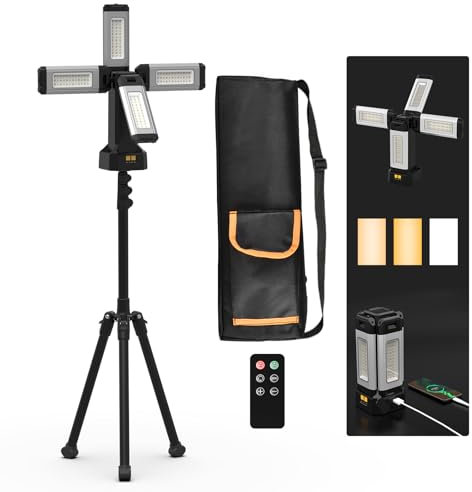 AODOO Lampe de Travail Rechargeable en Aluminium 13200 mAh Avec Trépied Pliable et Sac de Transport, 8000 Lumens à Intensité Variable Projecteur de Chantier (Avec télécommande)