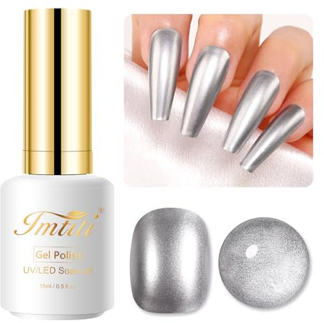 Imtiti Metal Silver Gel Polish, 15ml Bottles Silver Metallic Nail Art 3D Mirror Chrome Effect Gel Nail Polish Glossy Soak Off UV/LED Gel for DIY Nail Art Manicure 1Pcs