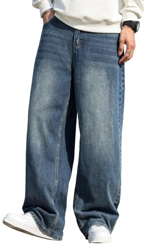 DFGIGT Men's Baggy Hip Hop Jeans Wide Leg Skater Denim Pants Casual Loose Fit Long Trousers Streetwear Jinco Oversized Relaxed Y2k 2000s Extreme Motion Skateboard,A12 Blue,Large
