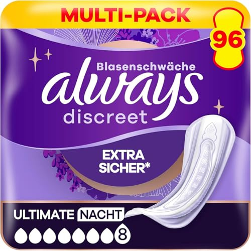 Always Discreet Inkontinenz-Einlagen Ultimate Nacht Monatspaket bei Blasenschwäche, 96 Einlagen (Sparpackung 8 Packungen x 12 Stück)