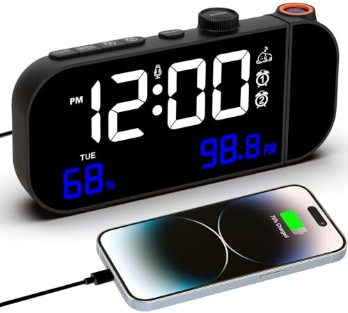 VORRINC Reveil Projecteur Plafond, Radio Reveil Température et Humidité, Réveil Numérique avec Double réveil/Snooze/Fonction Veille/Luminosité et Réglage du Volume/Chargement USB / 12/24H - Noir