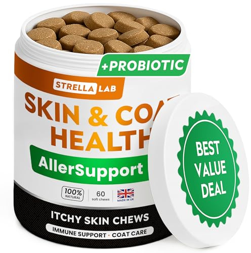 STRELLALAB Allergy Support Chews for Dogs with Omega 3 Fish Oil - Itchy Skin Support Immune Supplement - Skin & Coat Health - Made in UK - Stop Itch & Hot Spots - Pork Flavor - 60ct