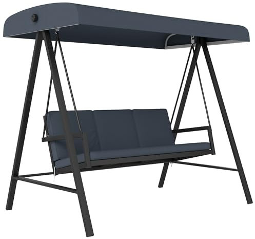 Outsunny 3 Seater Garden Swing Chair, Outdoor Hammock Bench with Adjustable Canopy, Removable Cushions and Steel Frame, Dark Grey