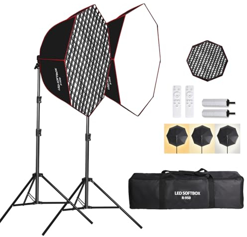 GSKAIWEN 110 W octogonal Parabólico Softbox Luz Juego de Iluminación, 95 cm Softbox con rejilla de panal / Mando a distancia / Soporte de luz, grabación de vídeo, retratos, fotografía de producto