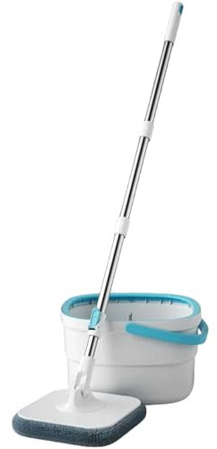 Juego de trapeador y cubeta con escurridor, trapeador y cubeta giratorios de 360°, 2 repuestos de de Microfibra, Mango de Altura Ajustable, Uso en Cocina húmedo seco, Sistema de limpi