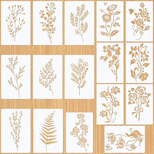 Zocipro 16 stycken stenciler textildesign, 8 st (30 x 20 cm) och 8 st (28 x 18 cm) återanvändbara målningsmallar för gör-det-själv, trä, möbler, T Shitr, plastritmallar med blommor, blad