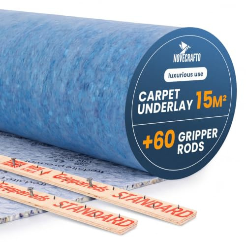 NOVECRAFTO 11mm Premium Carpet Underlay Kit, 15m² – 60 Gripper Rods | 44dB Sound Reduction, 3.13 Tog Thermal Insulation, 110 kg/m³ Density, Cushioning for Bedrooms, Living Rooms, Hallways, Stairs